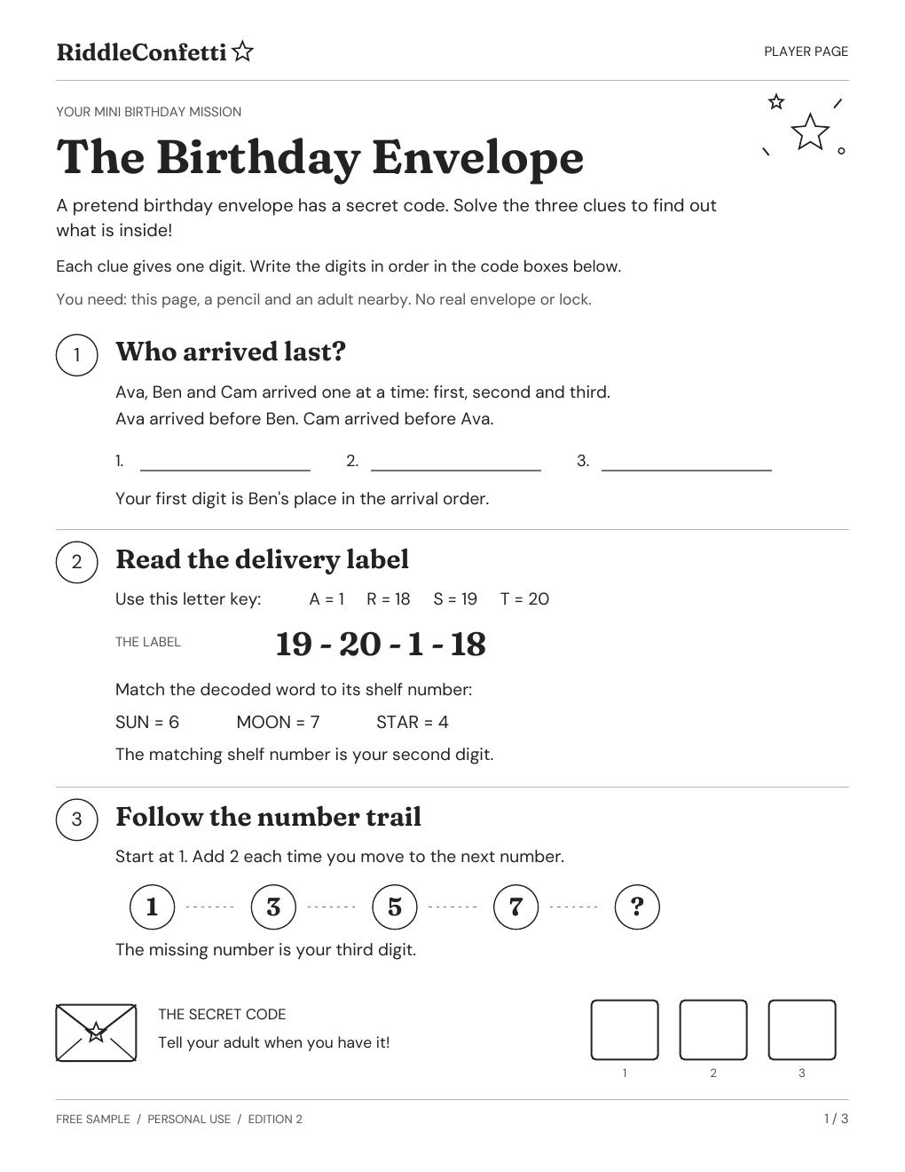 The actual player page: The Birthday Envelope, with three numbered clues and boxes for the secret code.